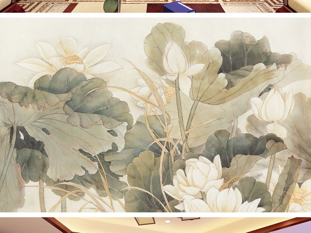 水墨荷花中式背景墻壁畫(huà)